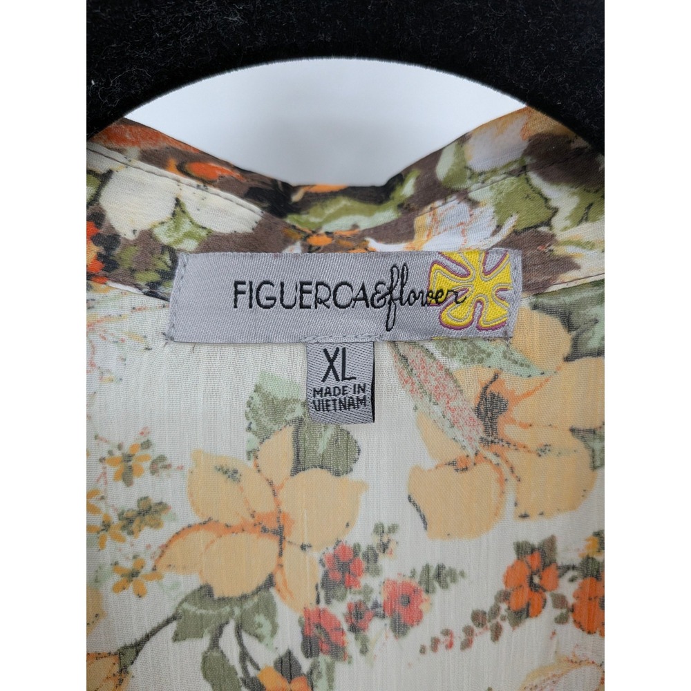 Figueroa & Flower Button Front Blouse Women XL Yellow Brown Floral Sheer Tunic - Picture 3 of 5